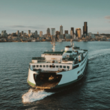 picture of a WA state ferry leaving Seattle