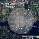 A map showing .25 and .5 mile radius from Downtown Winslow